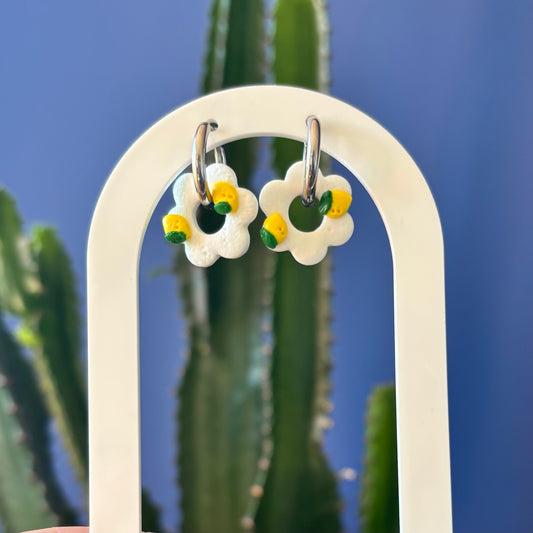 Photo d'une paire de créoles fleur citron plaquée argent