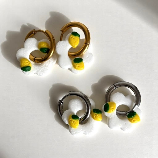Photo de deux paires de créoles citron plaquées argent et or
