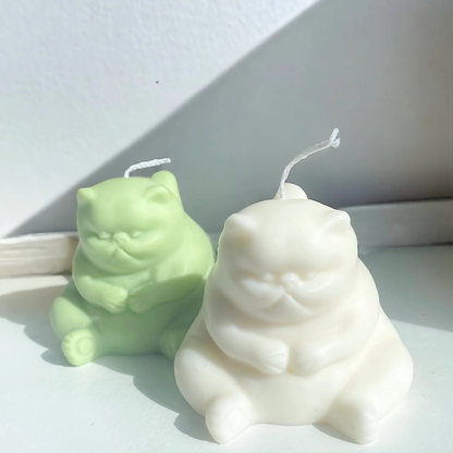 Photo d'une bougie chat grincheux blanche et d'une bougie chat grincheux verte