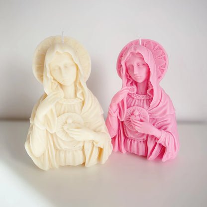 Deux bougies vierge marie, l'une blanche et l'autre rose